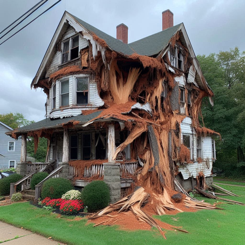 Damaged tree on an Stone Park home showing signs of disease and decay